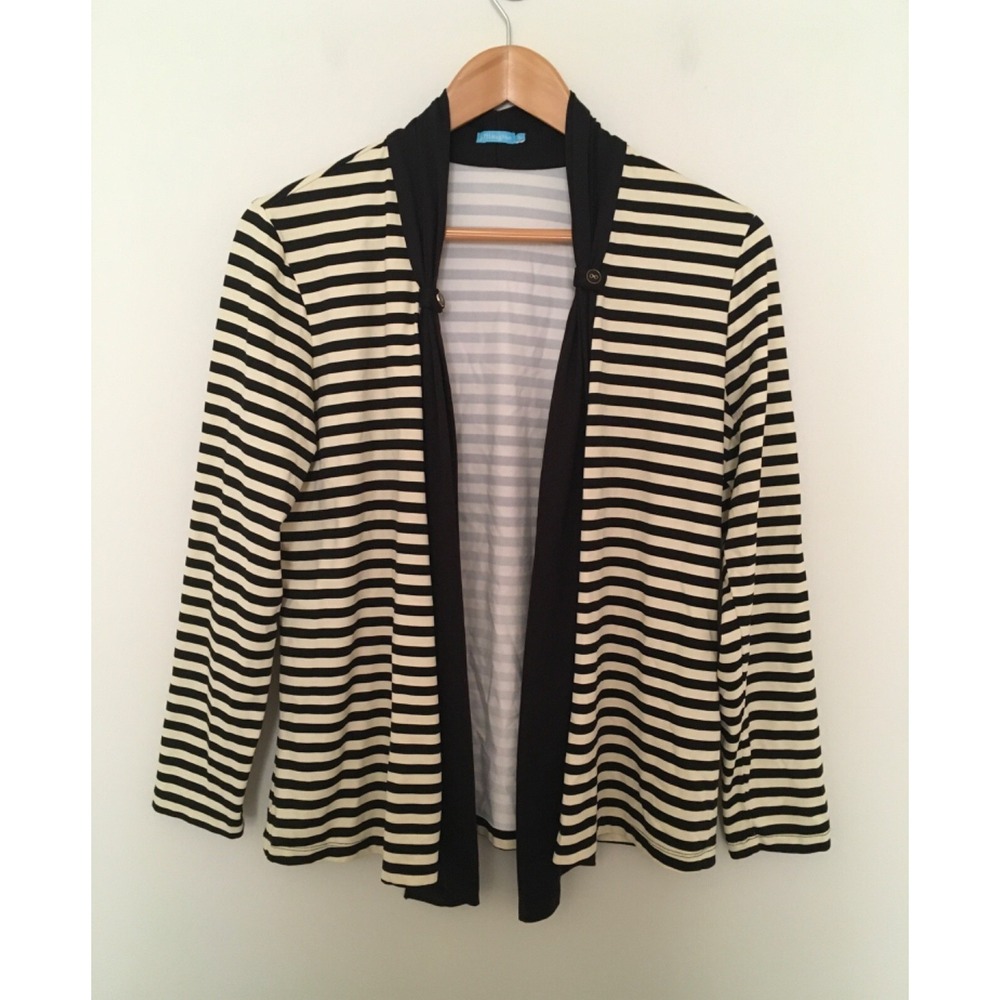 J. McLaughlin Catalina Cloth Black Ivory Stripped Open Front Long Sleeve Top L